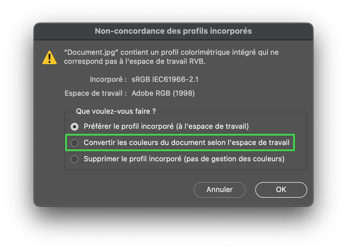 Capture d'écran de la fenêtre de conversion du profil colorimétrique dans Photoshop